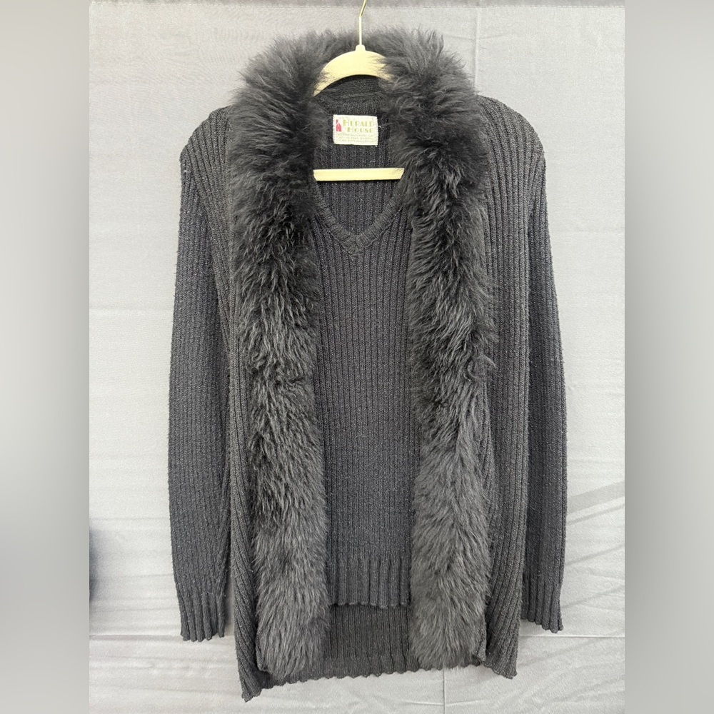 Vintage Herald House Ribbed Sweater Vest Faux Fur Cardigan